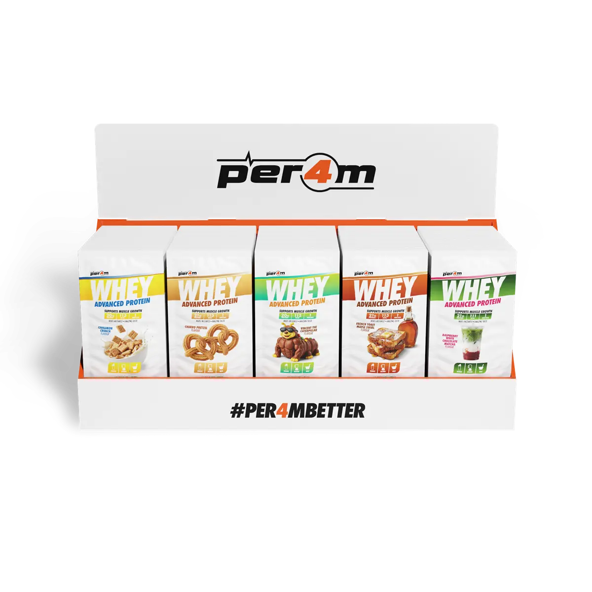 Per4m Advanced Whey Pre-Filled Sachets Counter Top Display Unit (100 Sachets) Pack